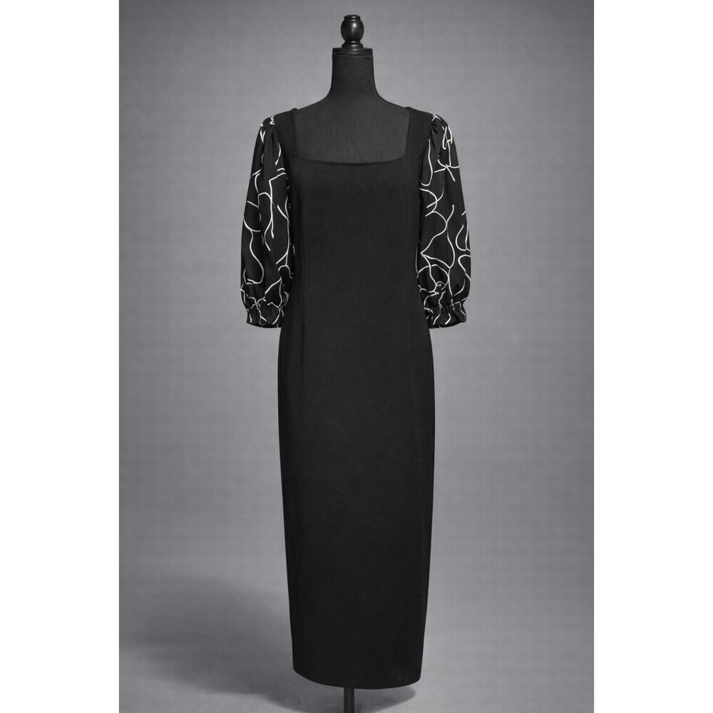 Women’s Black Midi Maxi Dress Size Large Abstract Sleeve Square Neck